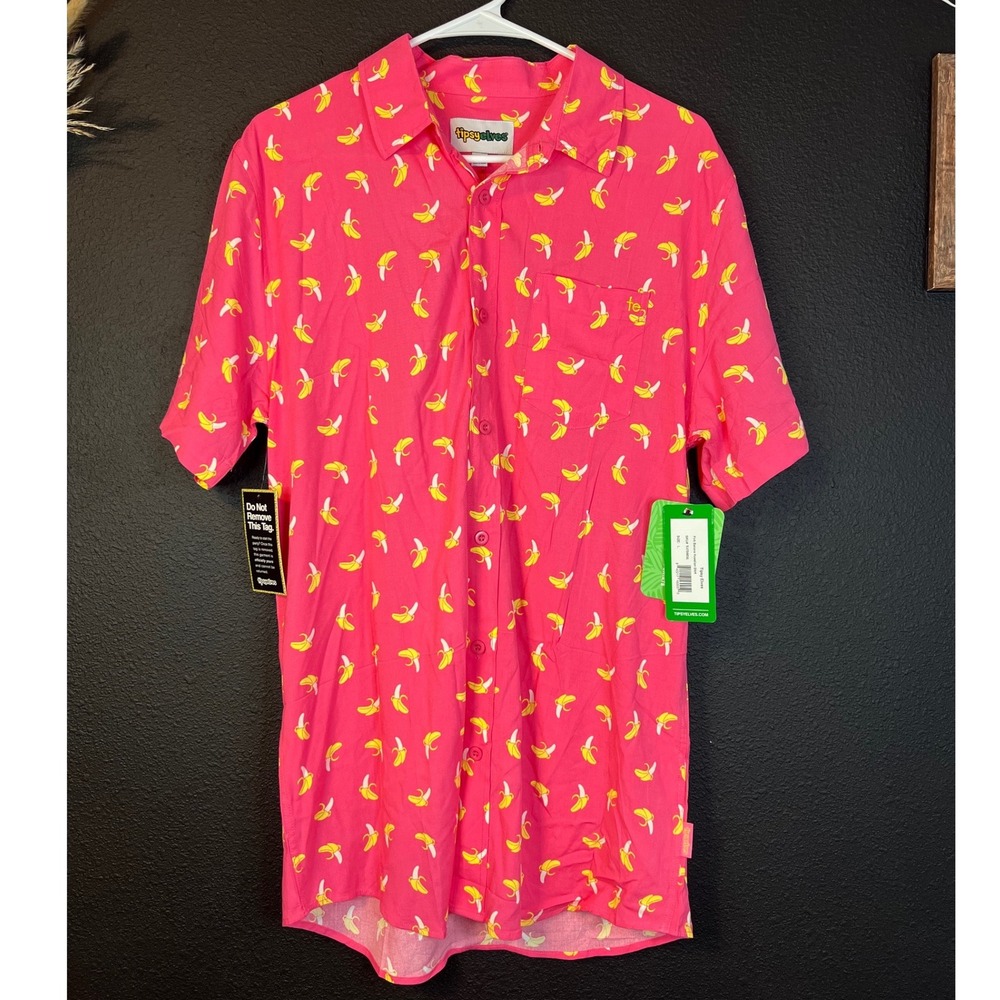 Tipsy Elves Banana Hawaiian Shirt‎ Mens Large Pink Button Up Novelty NWT Party